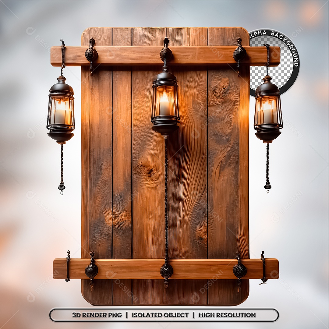 Elemento 3D Placa de Madeira com Lâmpadas para Composição PSD