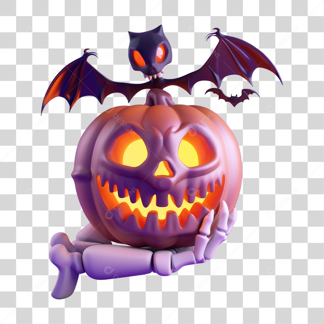 Mão Esqueleto com Abóbora do Halloween PNG Transparente