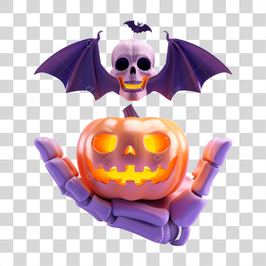 Mão Esqueleto com Abóbora do Halloween PNG Transparente