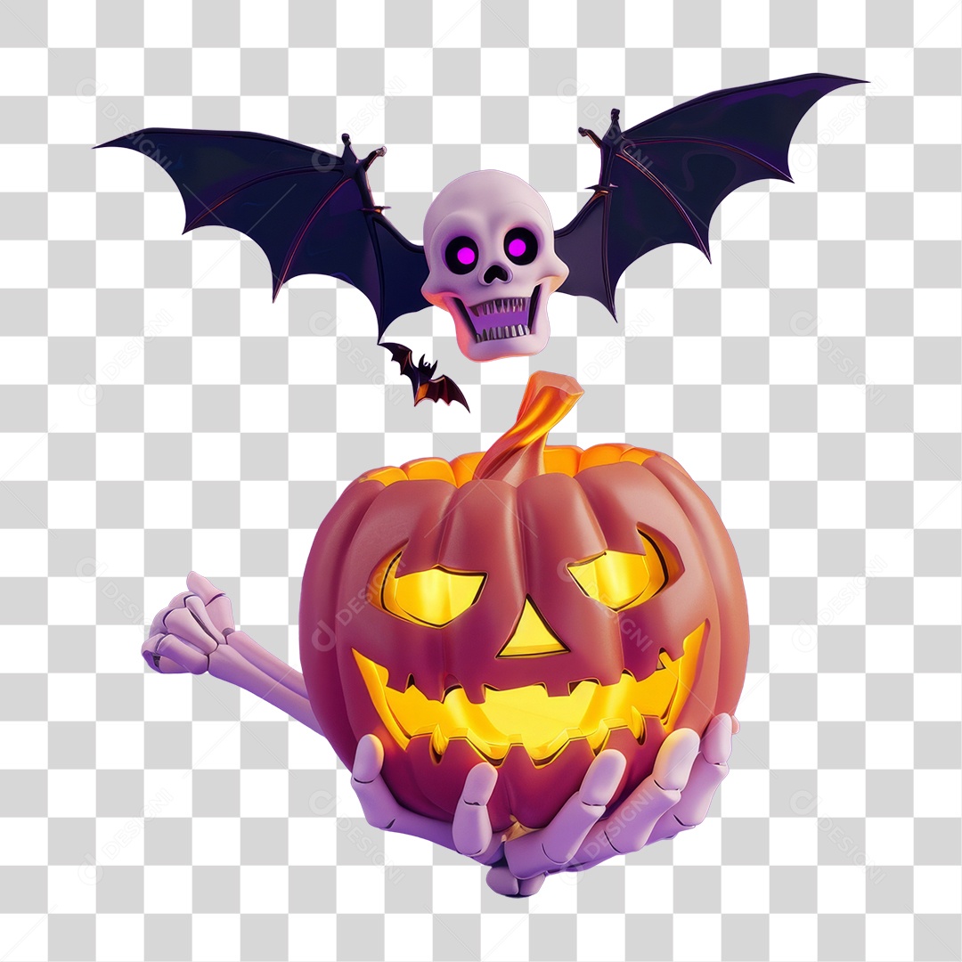 Mão Esqueleto com Abóbora do Halloween PNG Transparente