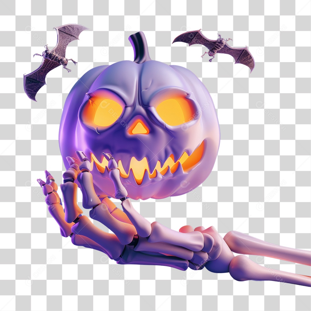 Mão Esqueleto com Abóbora do Halloween PNG Transparente
