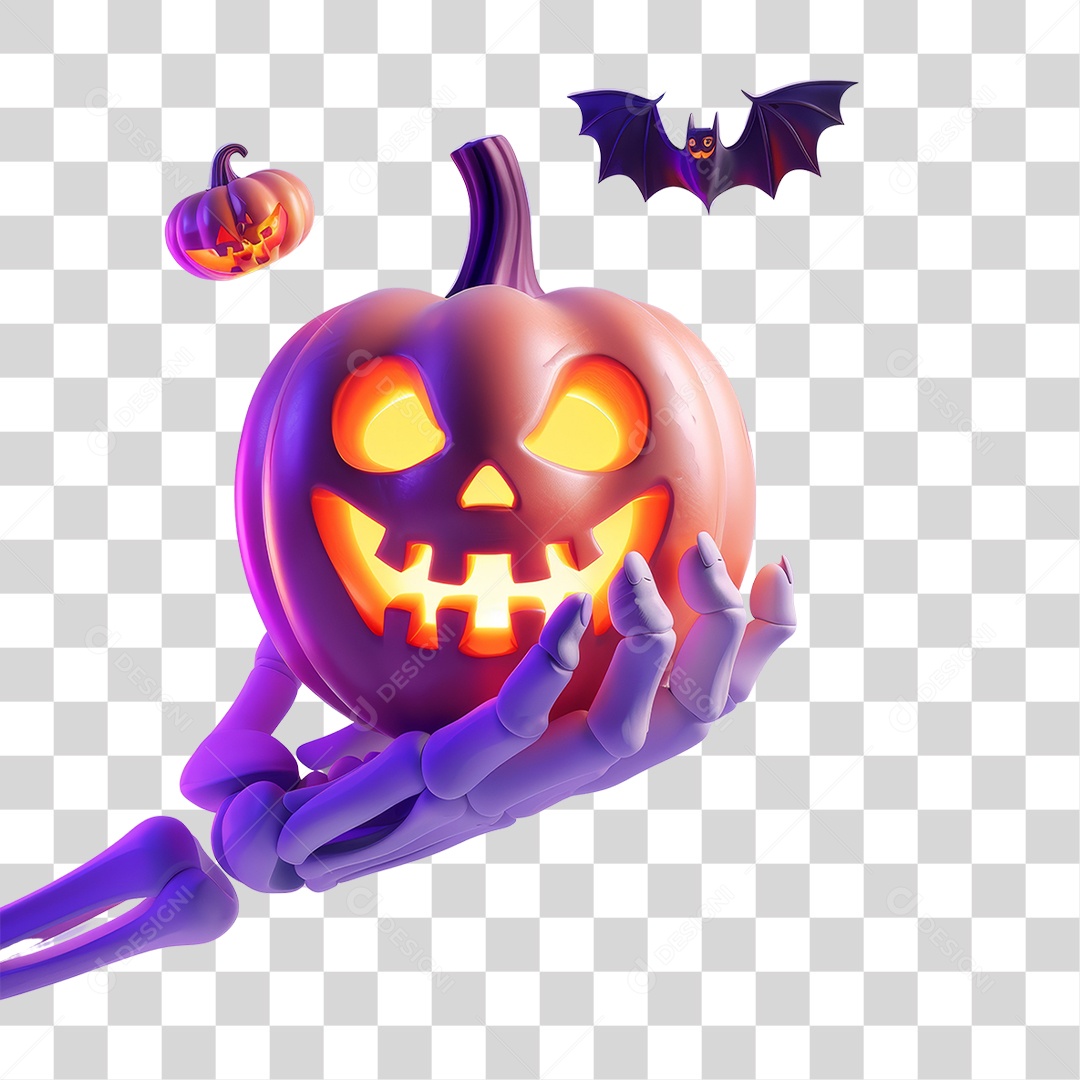 Mão Esqueleto com Abóbora do Halloween PNG Transparente