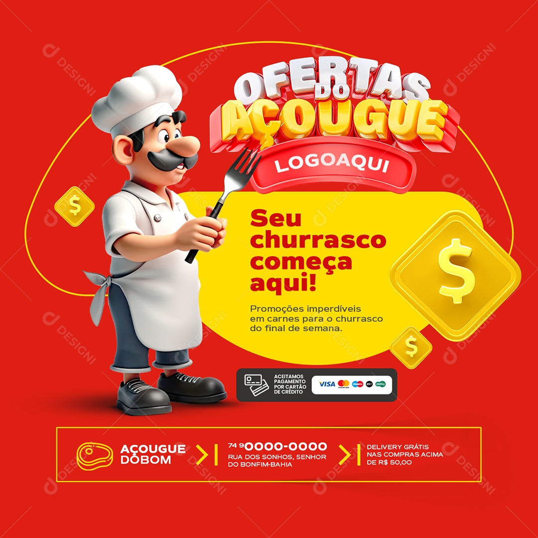 Ofertas do Açougue Seu Churrasco Começa Aqui Social Media PSD Editável
