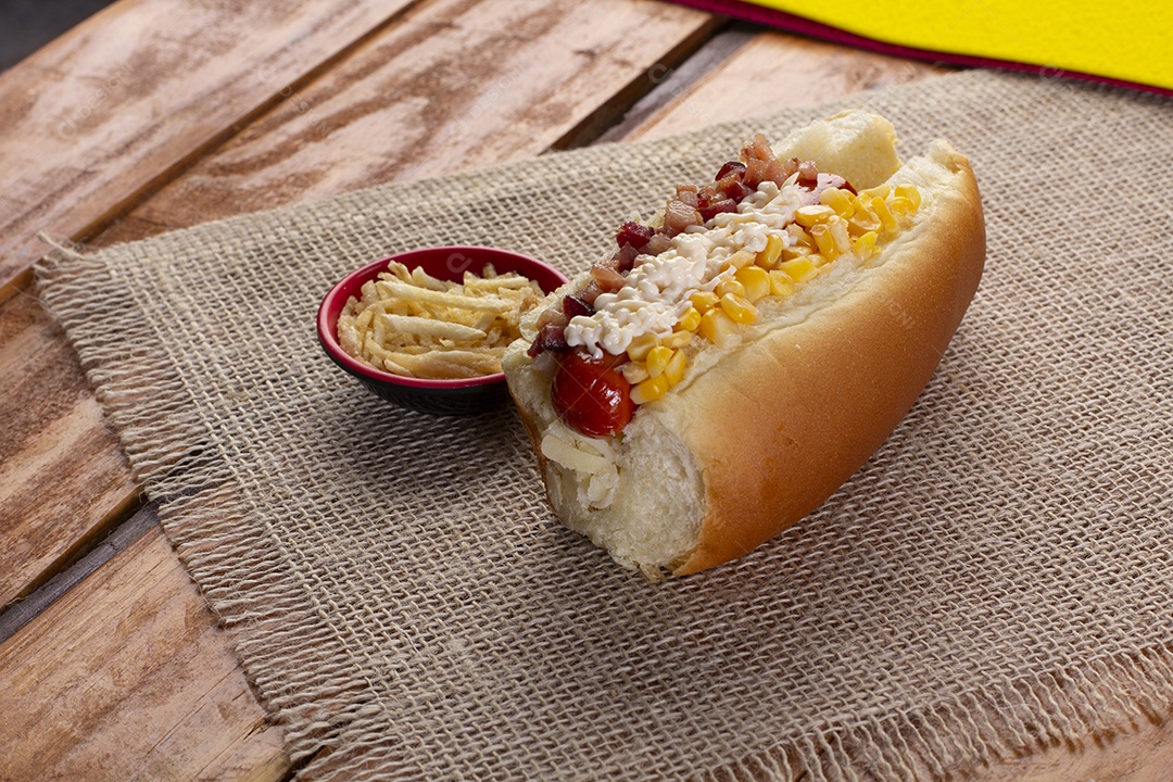 Gourmet delicious hot dog with sauces