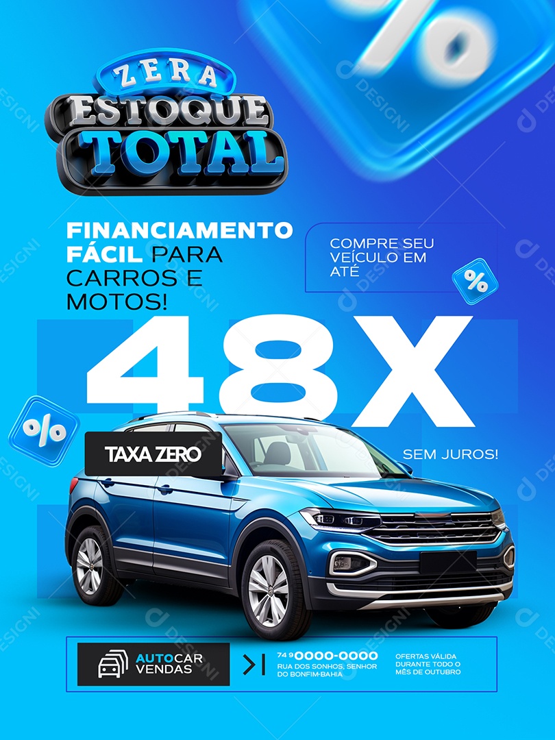 Zera Estoque Total Concessionária Encarte Financiamento Fácil Social Media PSD Editável
