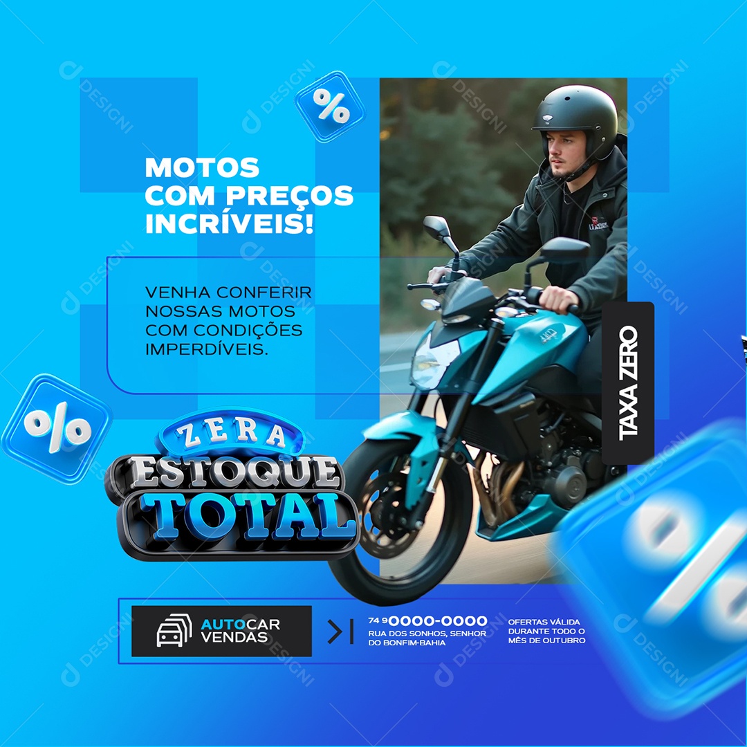 Zera Estoque Total Concessionária Motos com Preços Incríveis Social Media PSD Editável