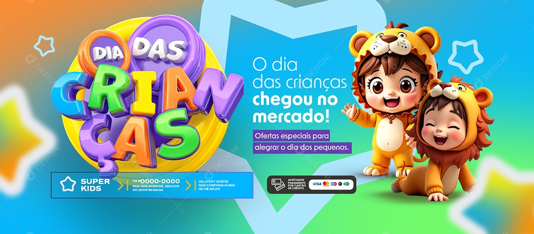 Banner Dia das Crianças Supermercado Ofertas Especiais Social Media PSD Editável