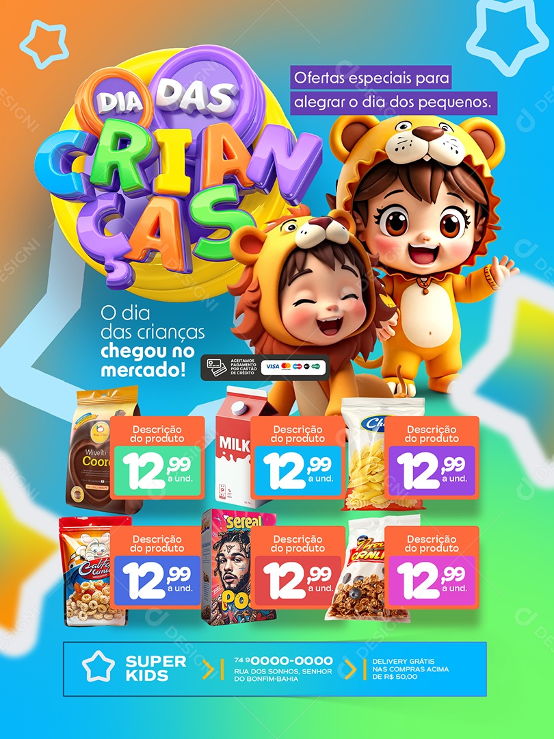 Dia das Crianças Supermercado Encarte Ofertas Especiais Social Media PSD Editável