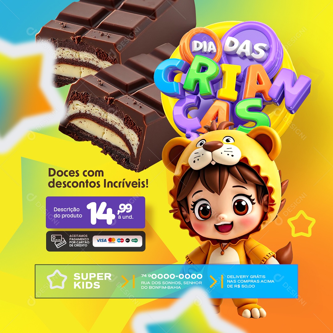 Dia das Crianças Supermercado Doces com Descontos Social Media PSD Editável