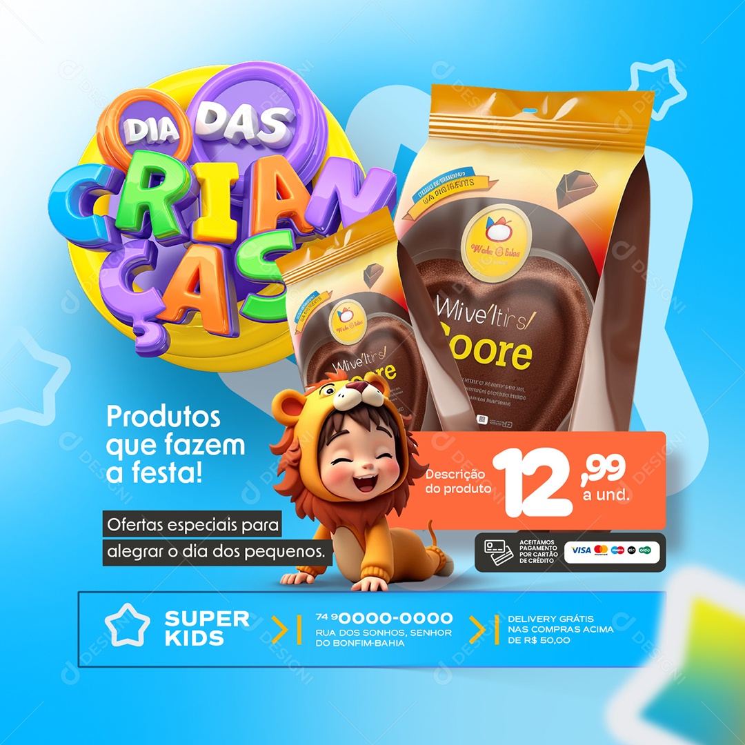 Dia das Crianças Supermercado Produtos Que Fazem a Festa Social Media PSD Editável