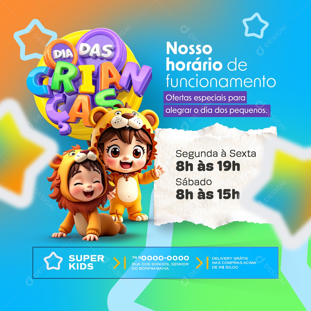 Dia das Crianças Supermercado Nosso Horário de Funcionamento Social Media PSD Editável