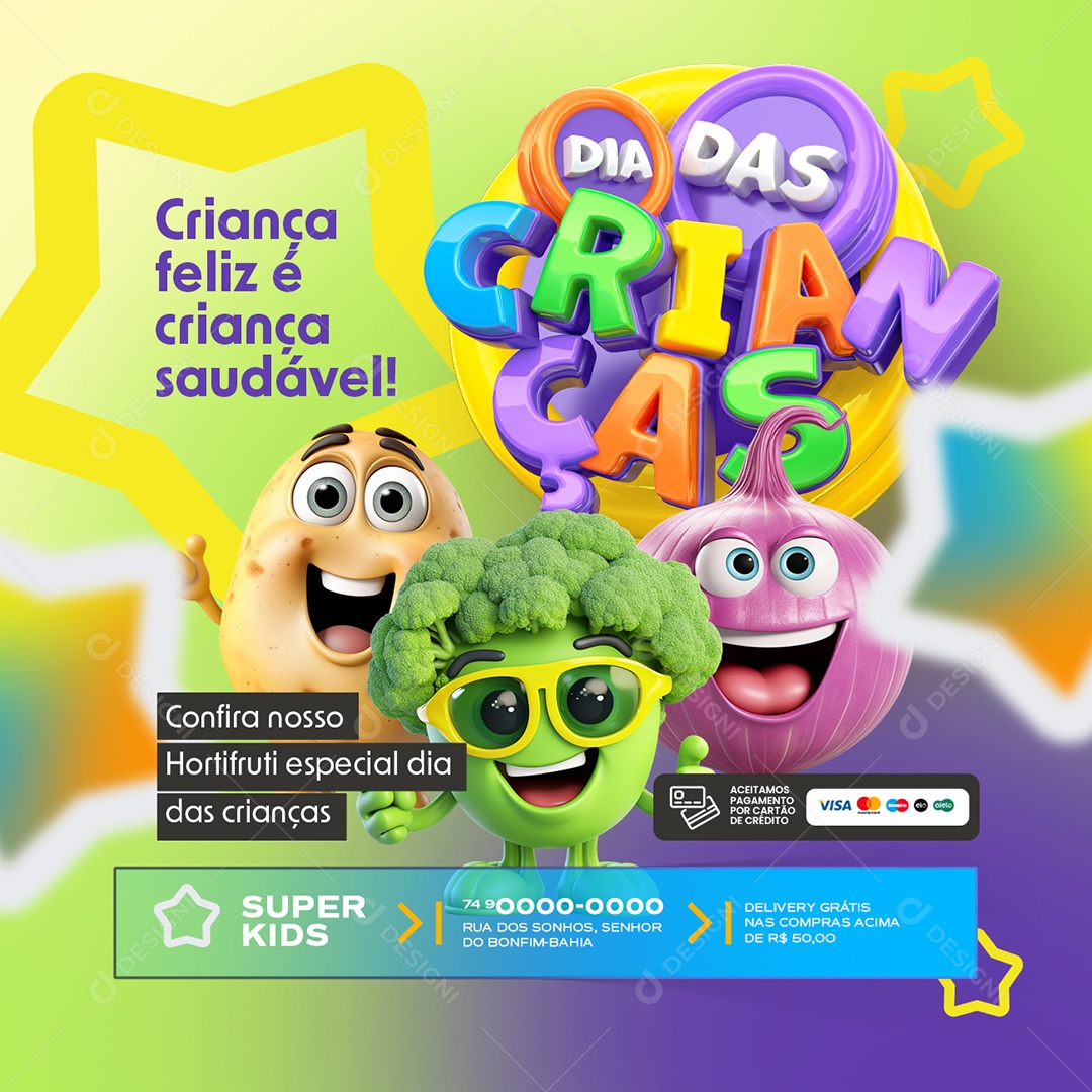 Dia das Crianças Supermercado Hortifruti Social Media PSD Editável