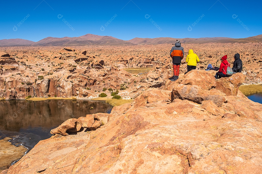 Turistas em uma montanha com vista para a paisagem do Valle de las Rocas