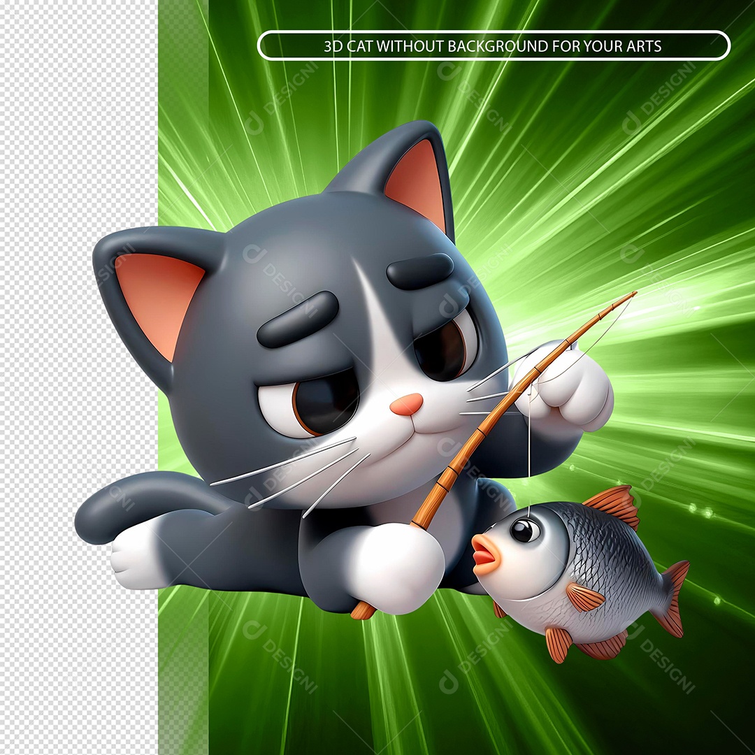 Gatinho Pescando Peixe Elemento 3D para Composição PSD