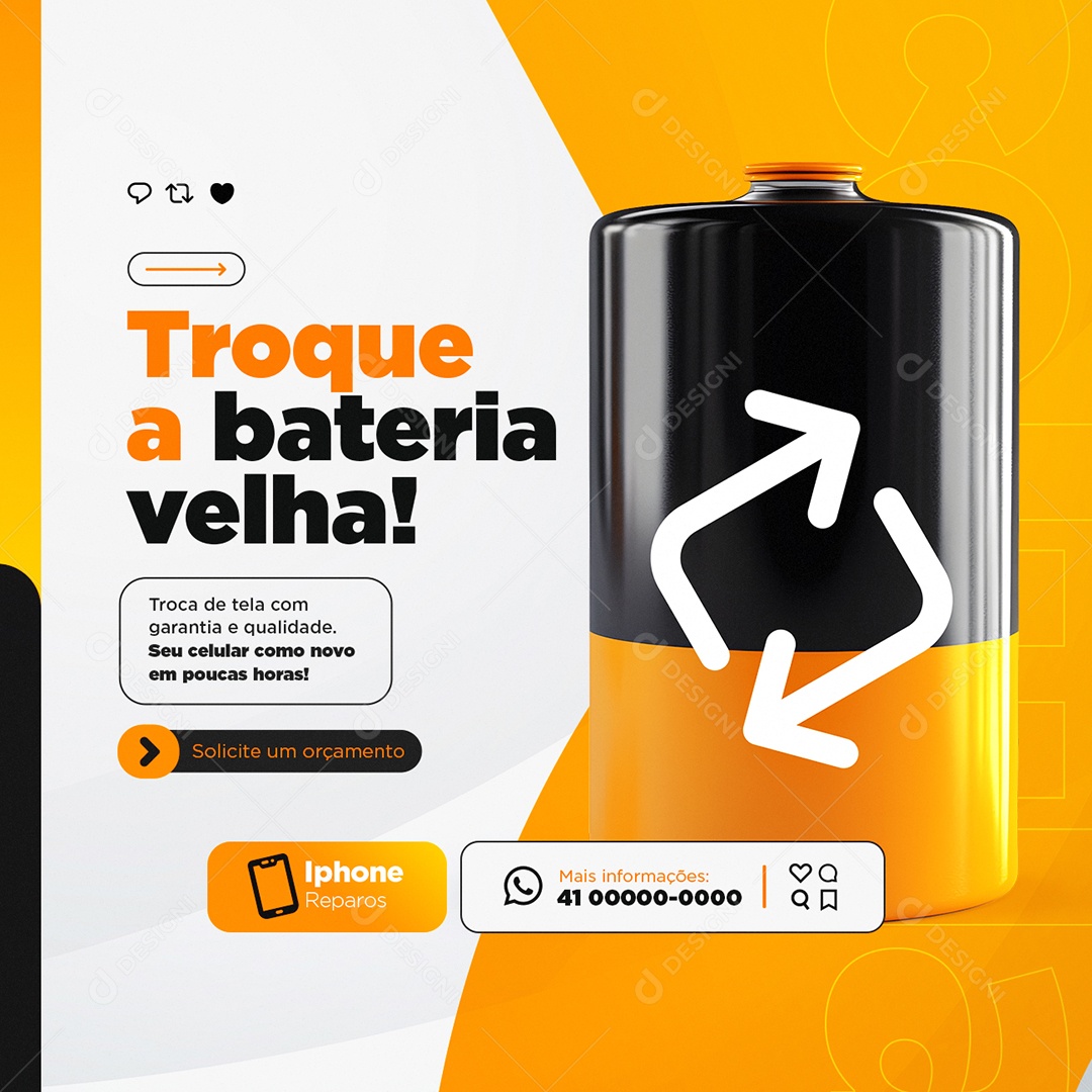 Assistência de Celular Troque a Bateria Velha Social Media PSD Editável
