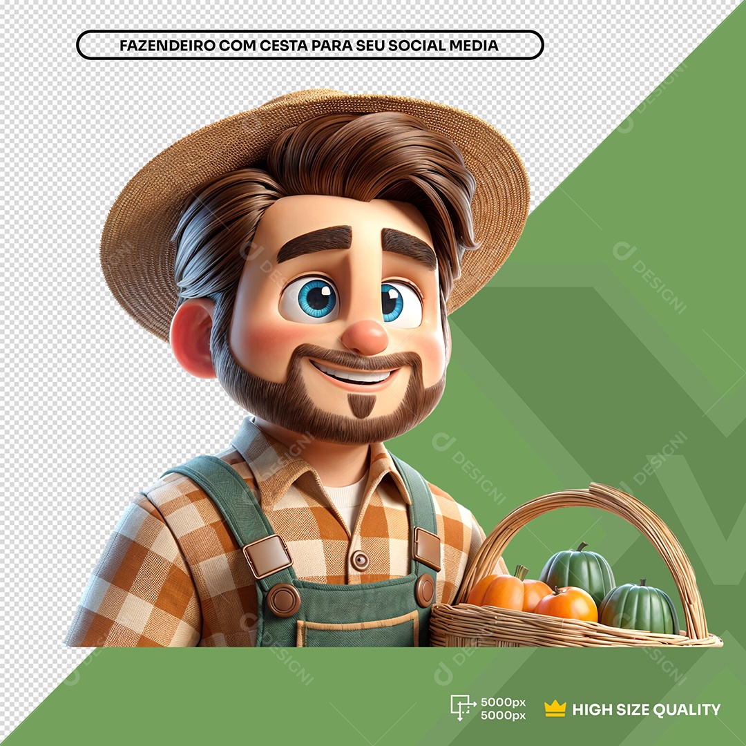 Pesonagem 3D Agricultor Segurando Cesta de Legumes para Composição PSD