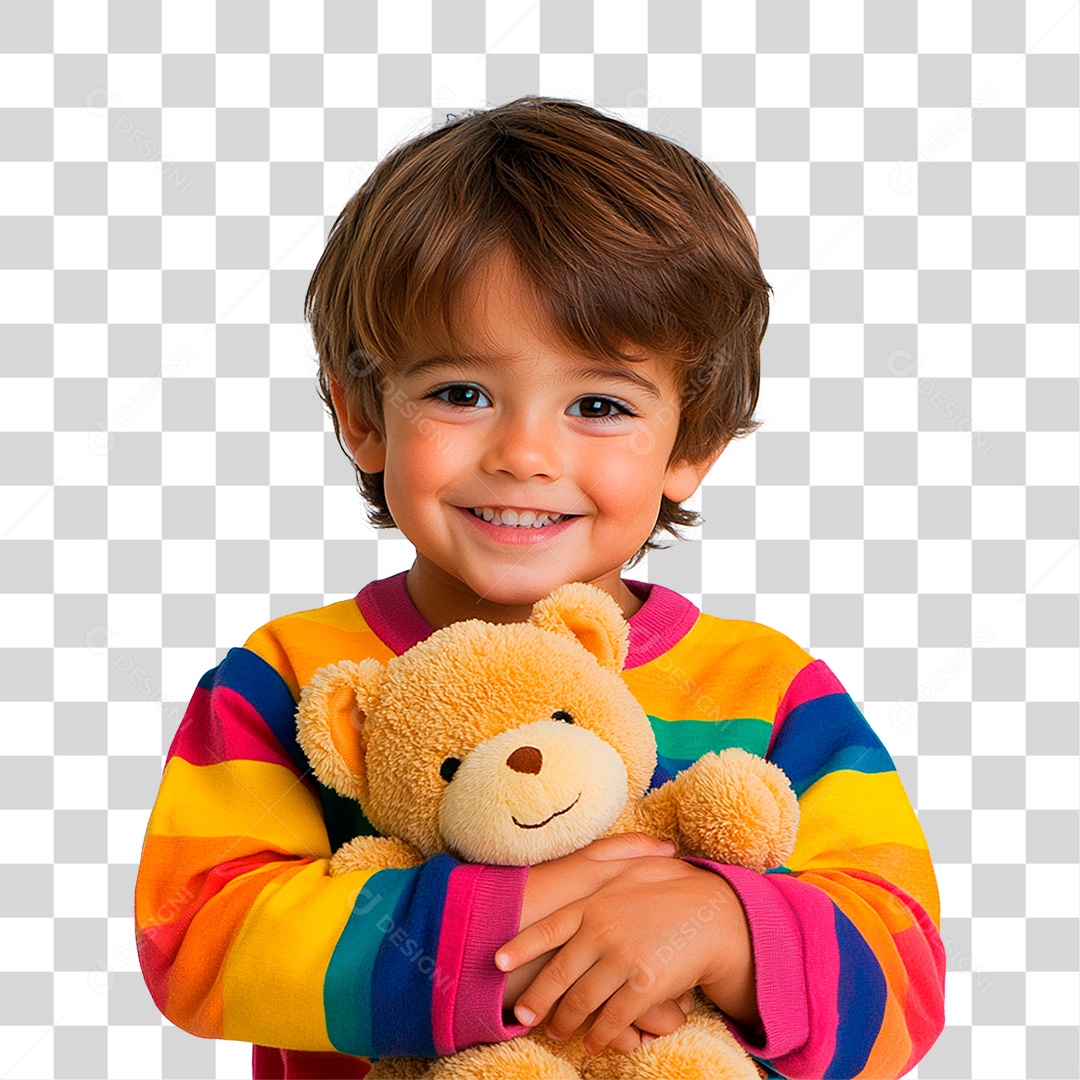 Criança Menino Em Roupas Coloridas 6 Anos Feliz Sorrindo Com Ursinho Elemento 3D Para Composição PNG Transparente