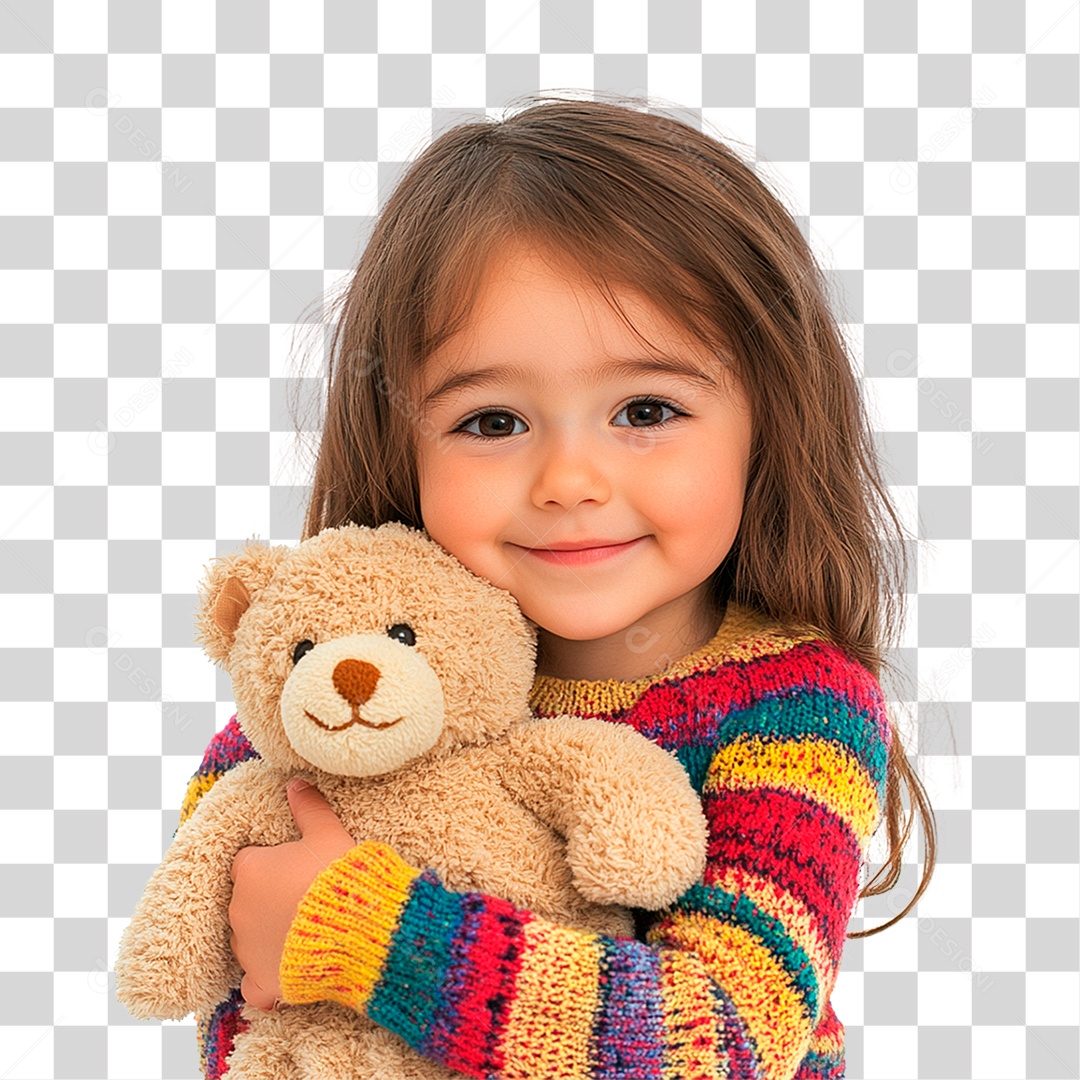 Criança Menina Em Roupas Coloridas 6 Anos Feliz Sorrindo Com Ursinho Elemento 3D Para Composição PNG Transparente