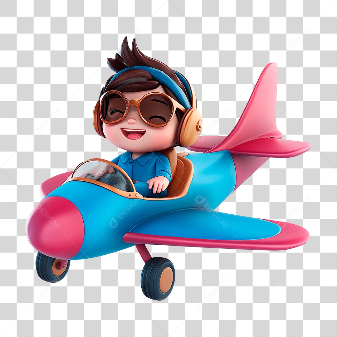 Menino Mascote Pilotando Avião  Elemento 3D Para Composição PNG Transparente