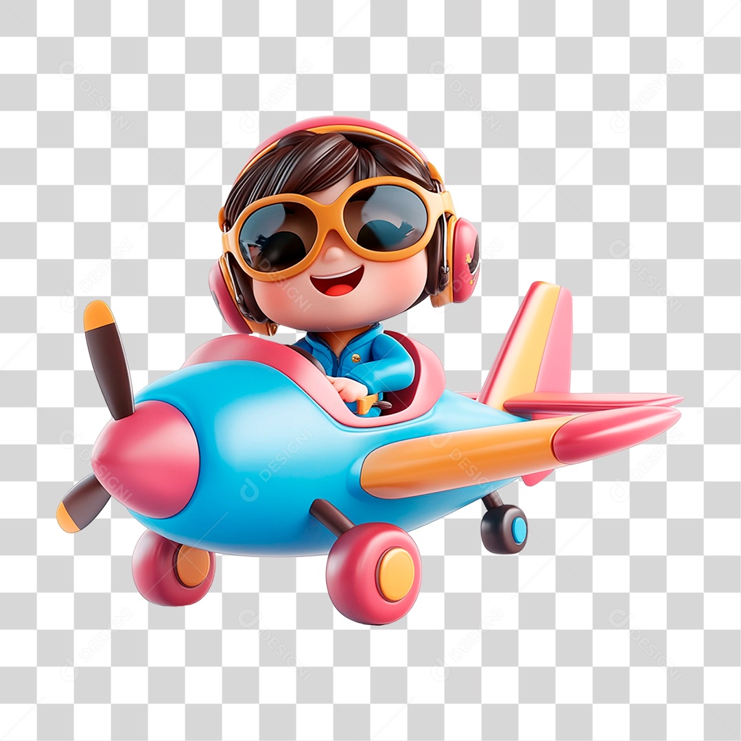 Menino Mascote Pilotando Avião  Elemento 3D Para Composição PNG Transparente
