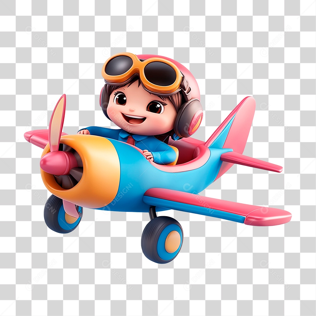 Menino Mascote Pilotando Avião  Elemento 3D Para Composição PNG Transparente