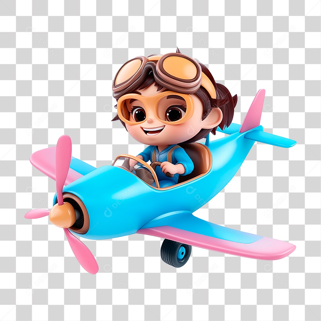 Menina Mascote Pilotando Avião  Elemento 3D Para Composição PNG Transparente