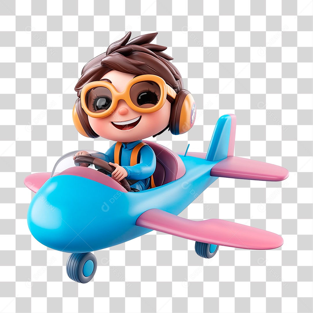 Menino Mascote Pilotando Avião Elemento 3D Para Composição PNG Transparente