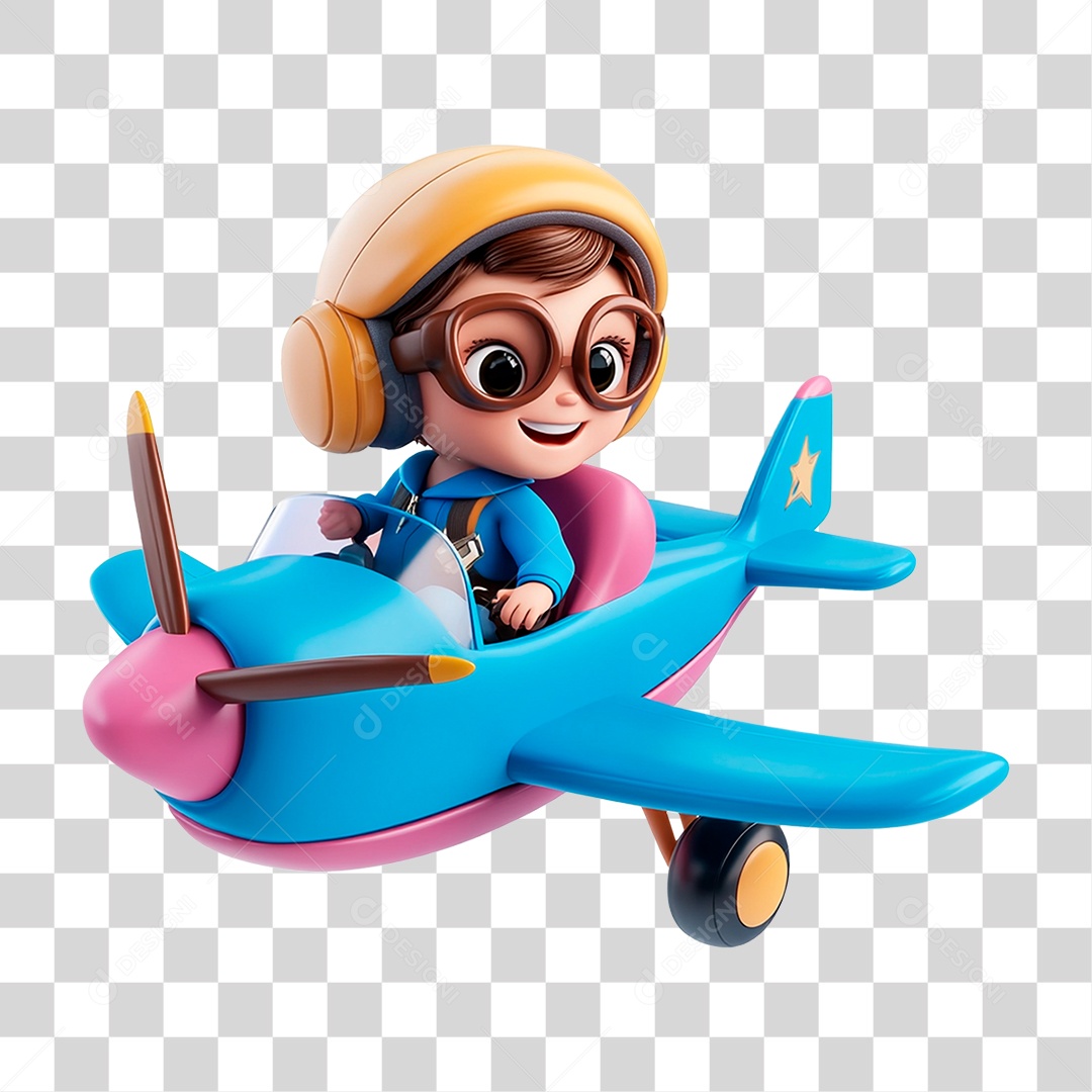 Menina Mascote Pilotando Avião Elemento 3D Para Composição PNG Transparente