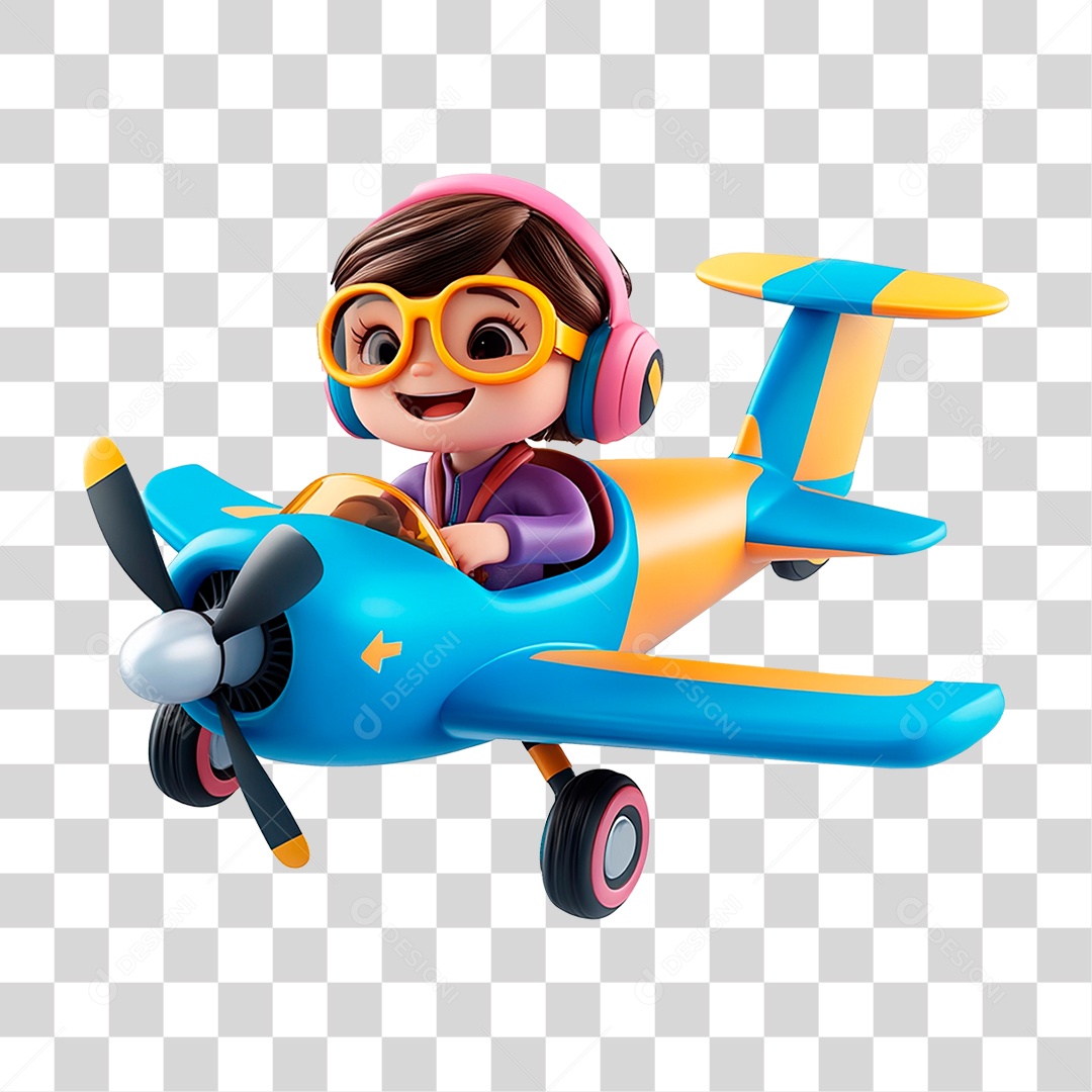Menina Mascote Pilotando Avião Elemento 3D Para Composição PNG Transparente