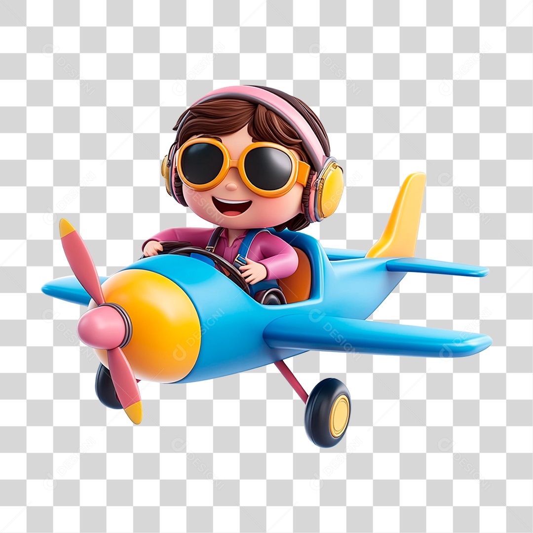 Menino Mascote Pilotando Avião Elemento 3D Para Composição PNG Transparente