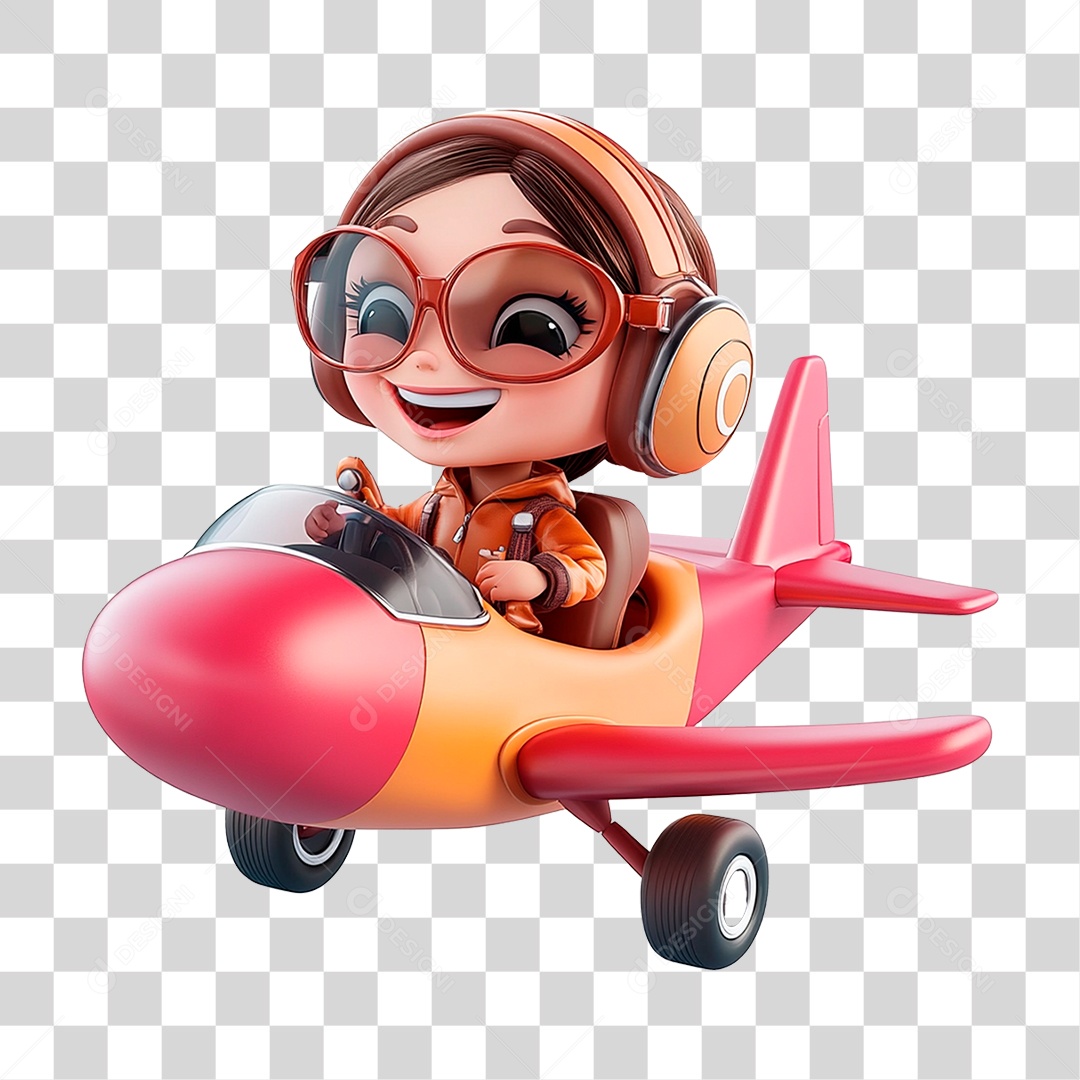 Menina Mascote Pilotando Avião  Elemento 3D Para Composição PNG Transparente