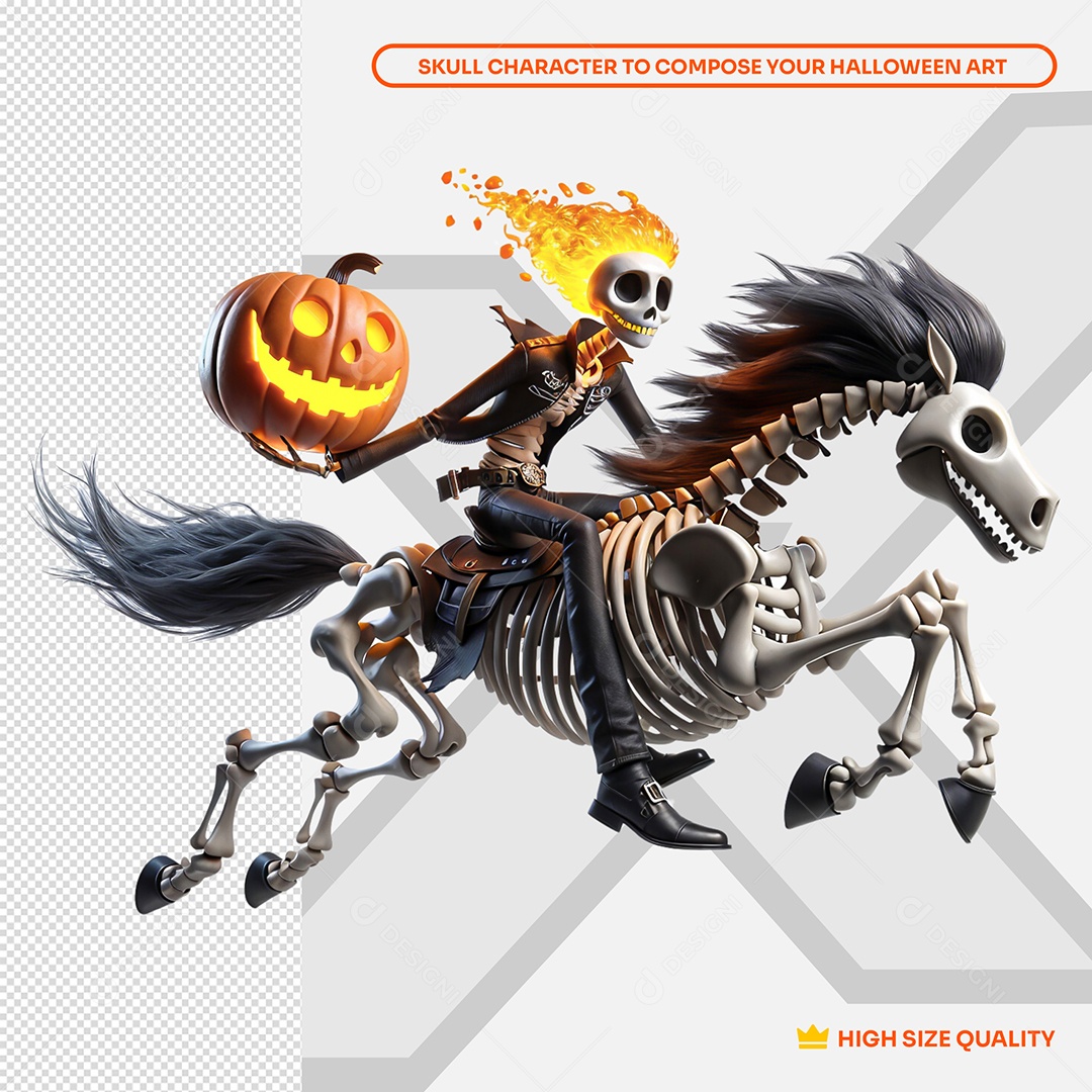 Caveira montada em Cavalo Louco Elemento 3D de Halloween para Composição PSD