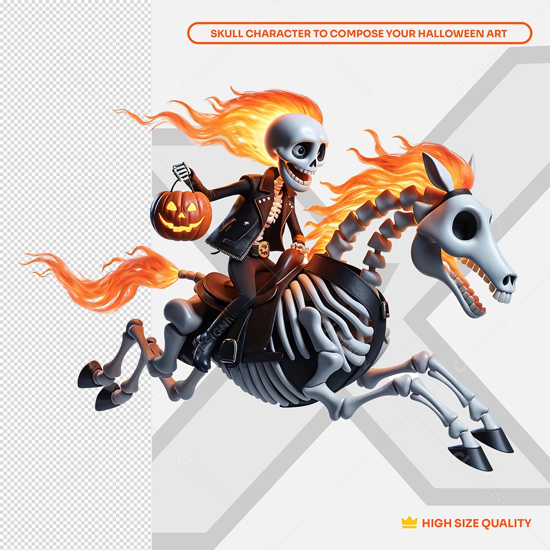 Caveira montada em Cavalo Louco Elemento 3D de Halloween para Composição PSD