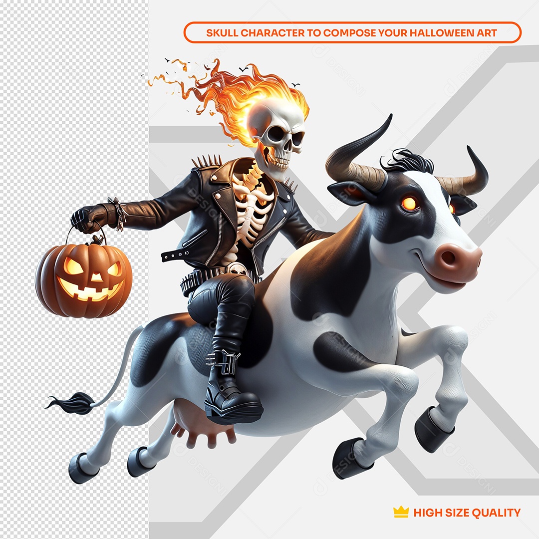Caveira montada em Vaca Louca Elemento 3D de Halloween para Composição PSD
