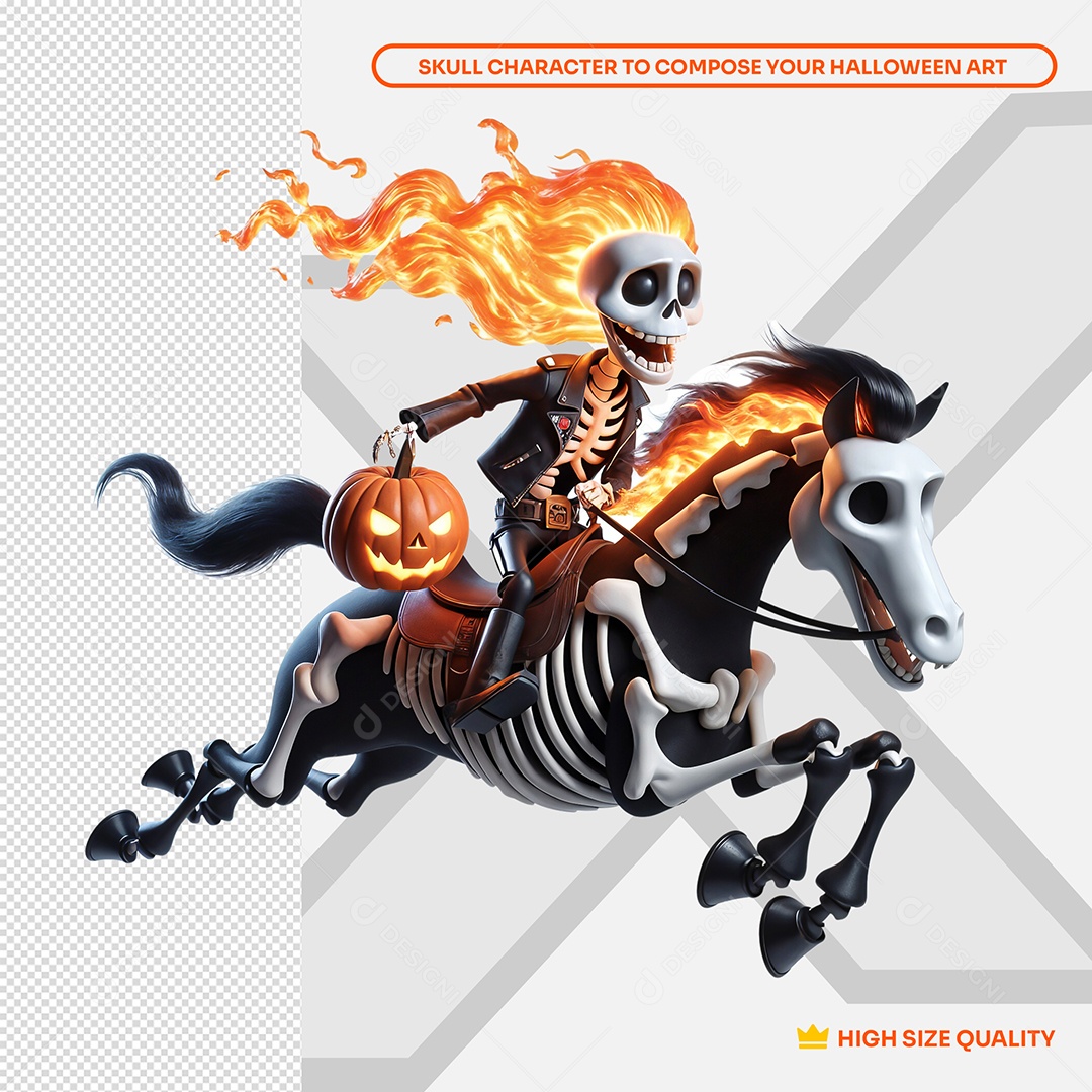 Caveira montada em Cavalo Louco Elemento 3D de Halloween para Composição PSD