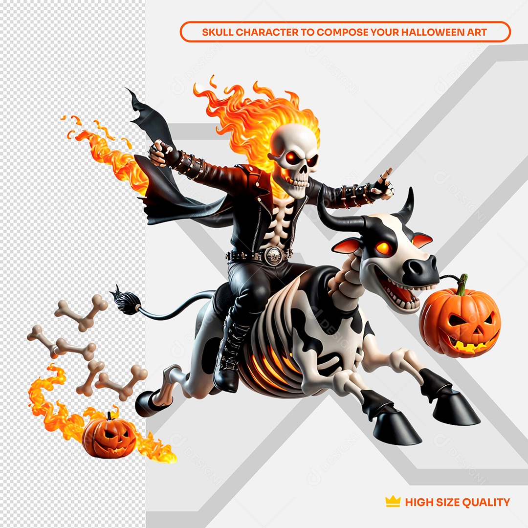 Caveira montada em Vaca Louca Elemento 3D de Halloween para Composição PSD