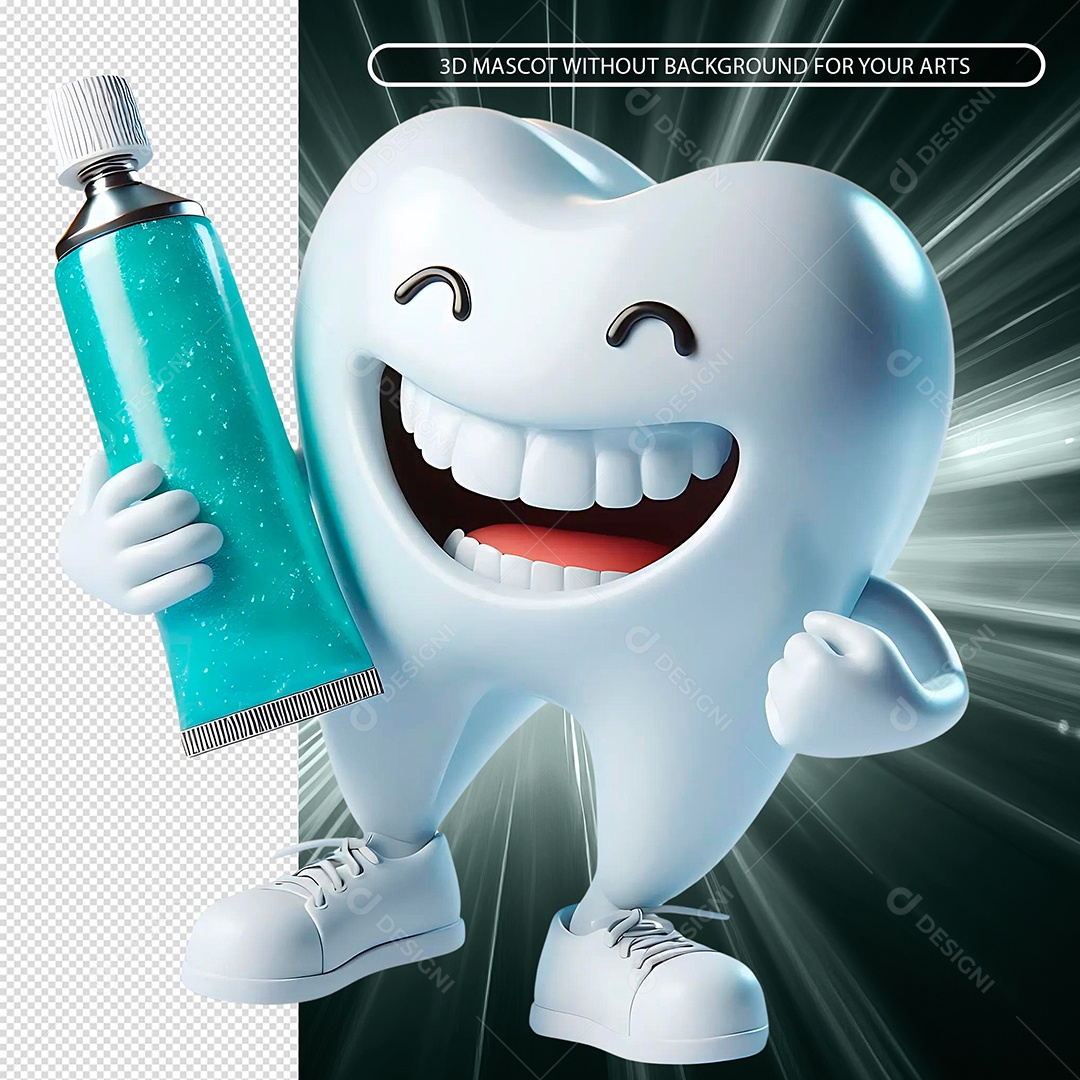Dente Segurando Creme Dental Elemento 3D para Composição PSD