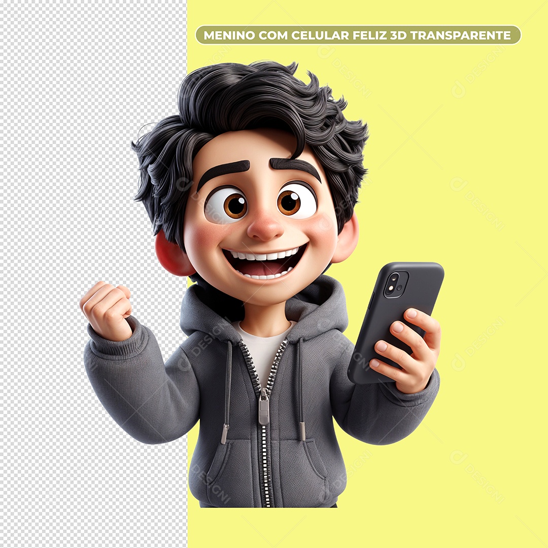 Menino Segurando Celular Elemento 3D  para Composição PSD
