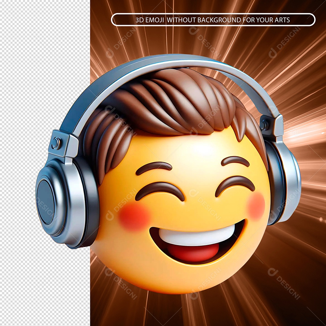 Emoji Feliz Sorridente Com Fone De Ouvido 3D para Composição PSD.