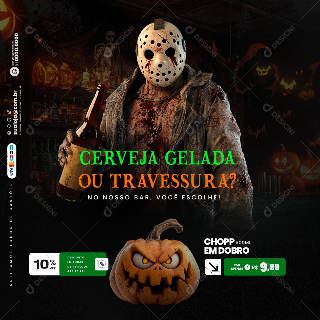 Cerveja Gelada ou Travessura Halloween Cervejaria Social Media PSD Editável