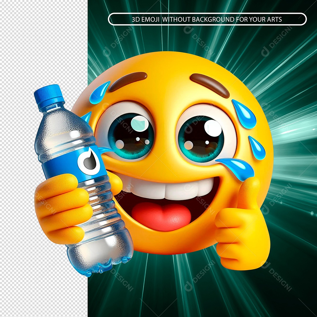 Emoji Feliz Suado Com Garrafa De Agua 3D para Composição PSD.
