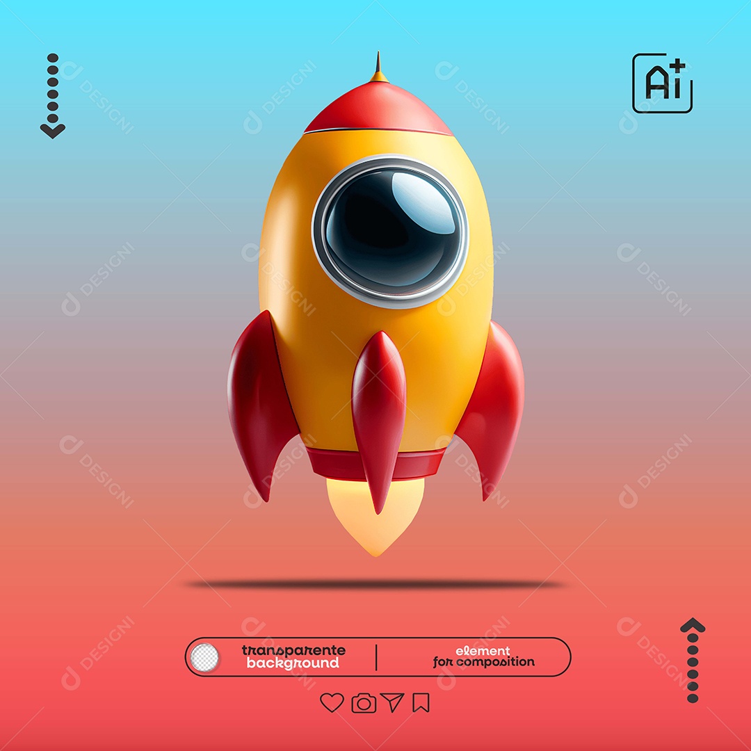 Elemento 3D Foguete Espacial Laranja para Composição PSD