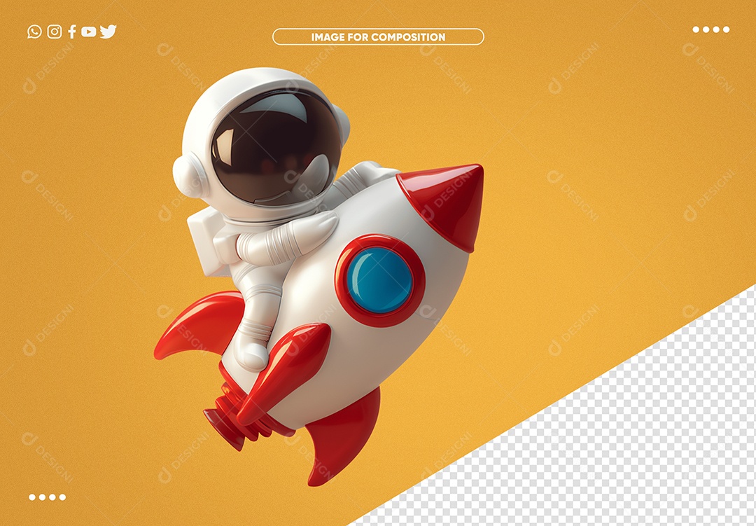 Elemento 3D Foguete Espacial com astronauta para Composição PSD
