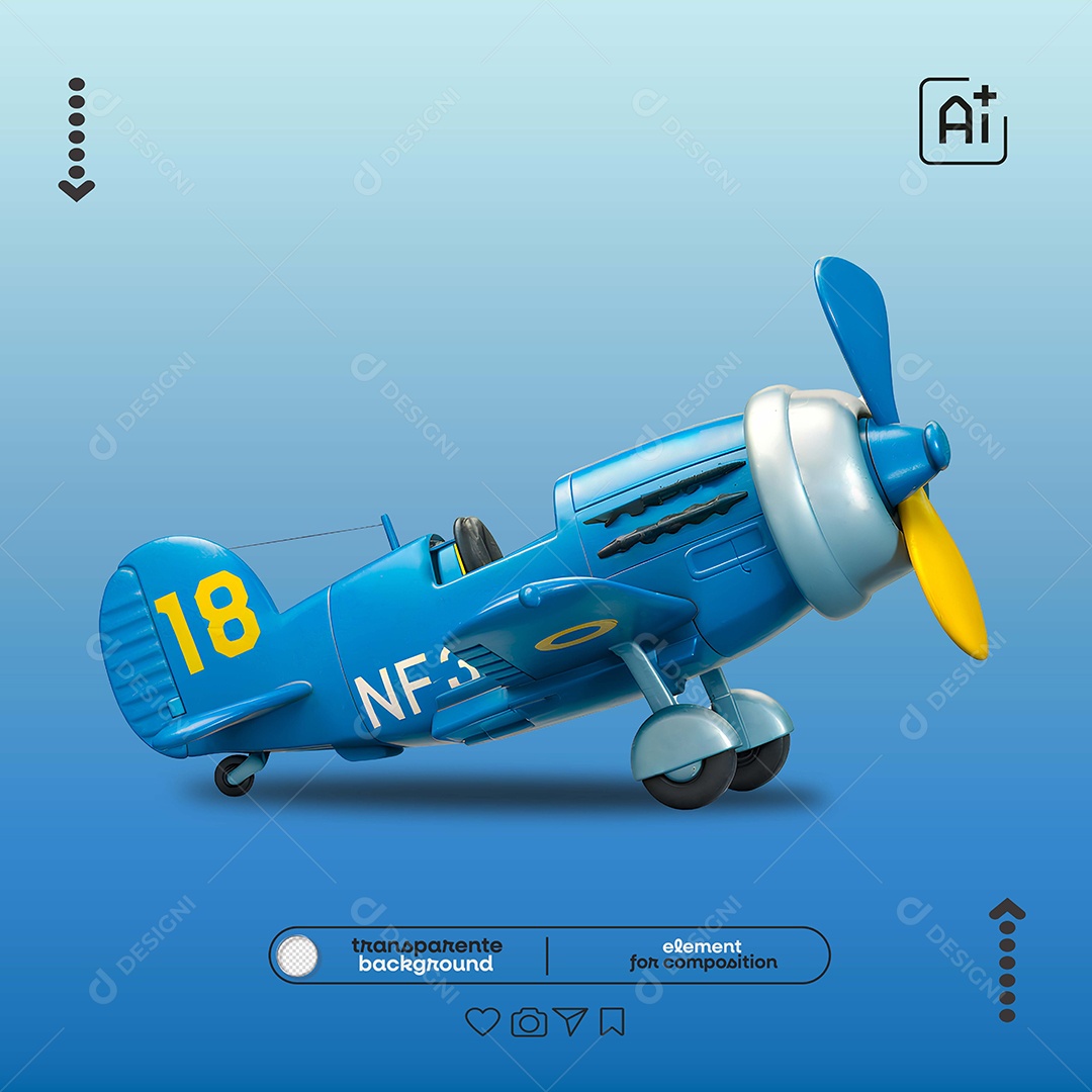 Elemento 3D Avião Azul para Composição PSD