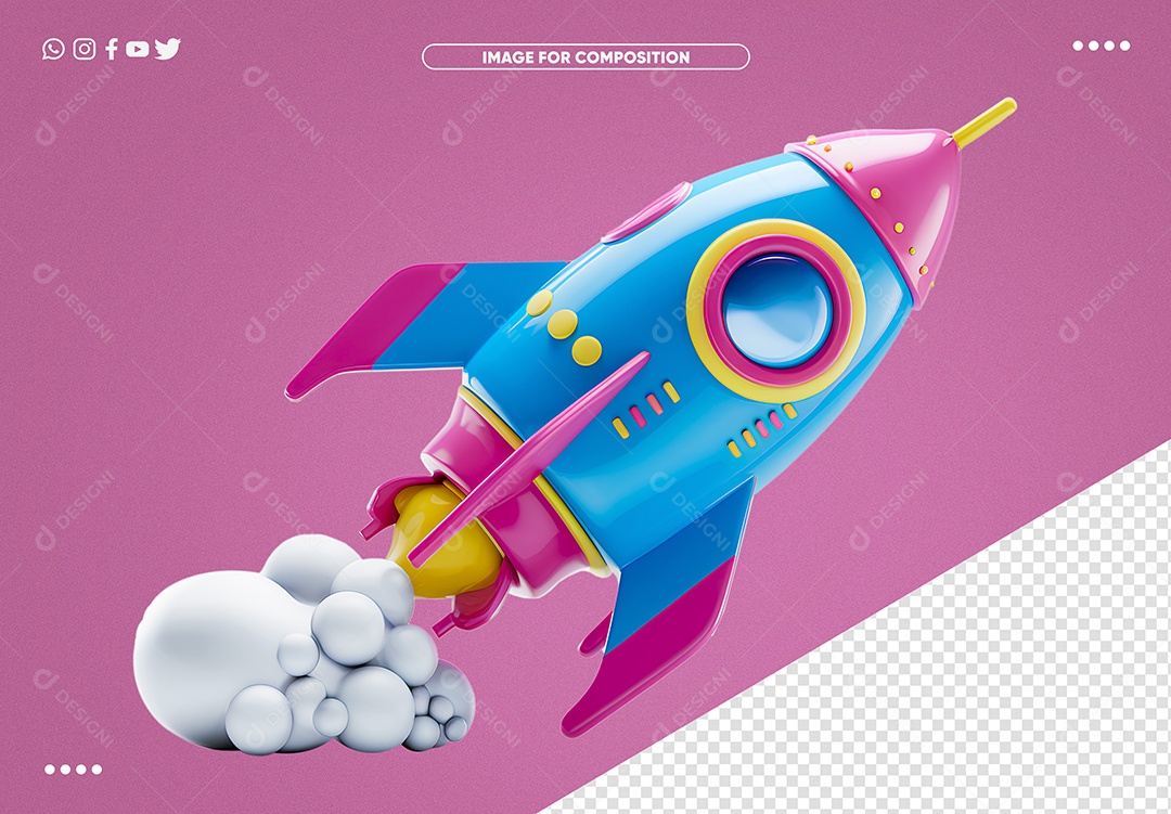 Elemento 3D Foguete Espacial Azul para Composição PSD