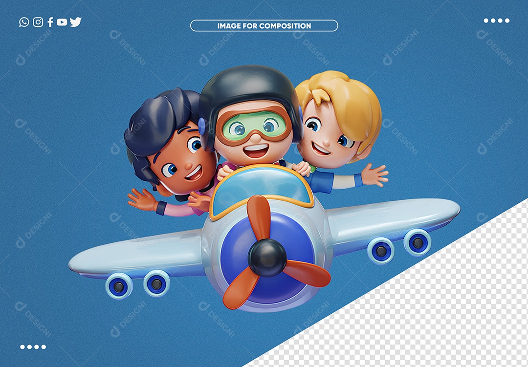 Elemento 3D Crianças em Avião para Composição PSD