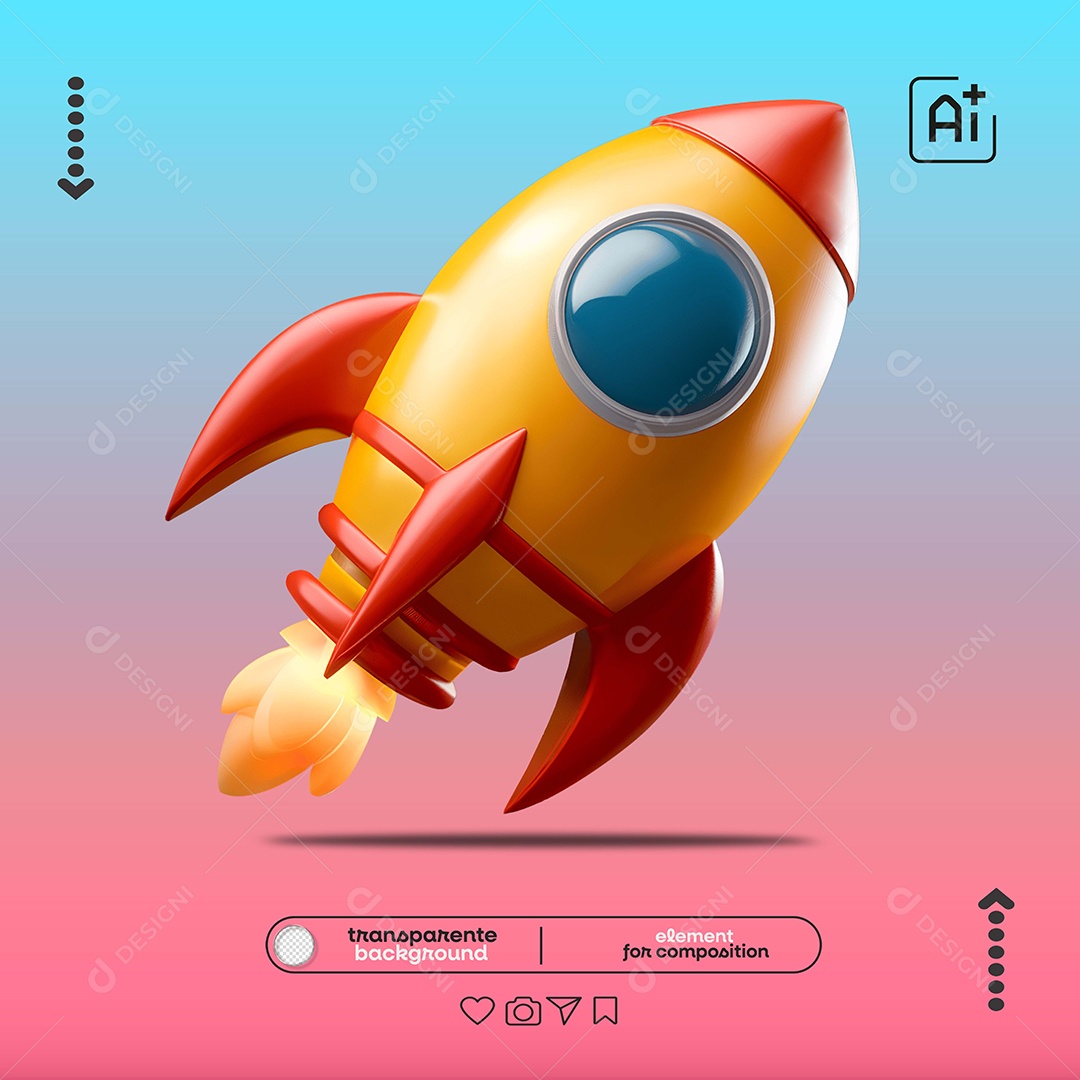 Elemento 3D Foguete Espacial Laranja para Composição PSD