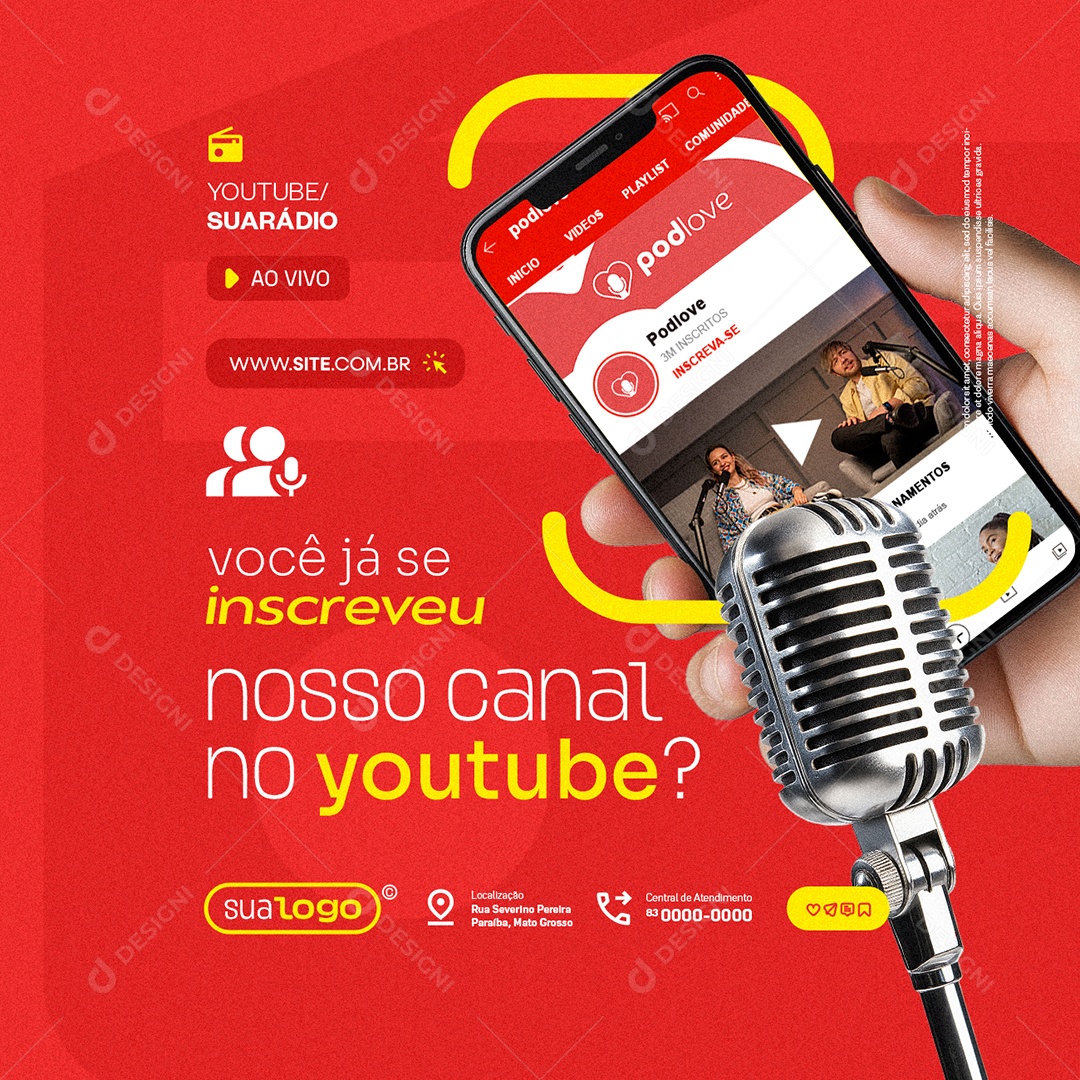 Rádio Nosso Canal do Youtube Social Media PSD Editável