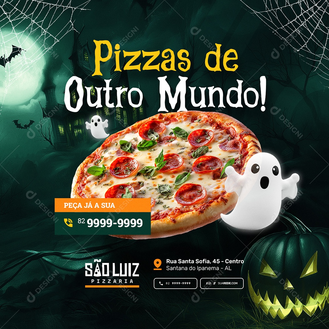 Pizzaria Halloween Pizzas de Outro Mundo Social Media PSD Editável
