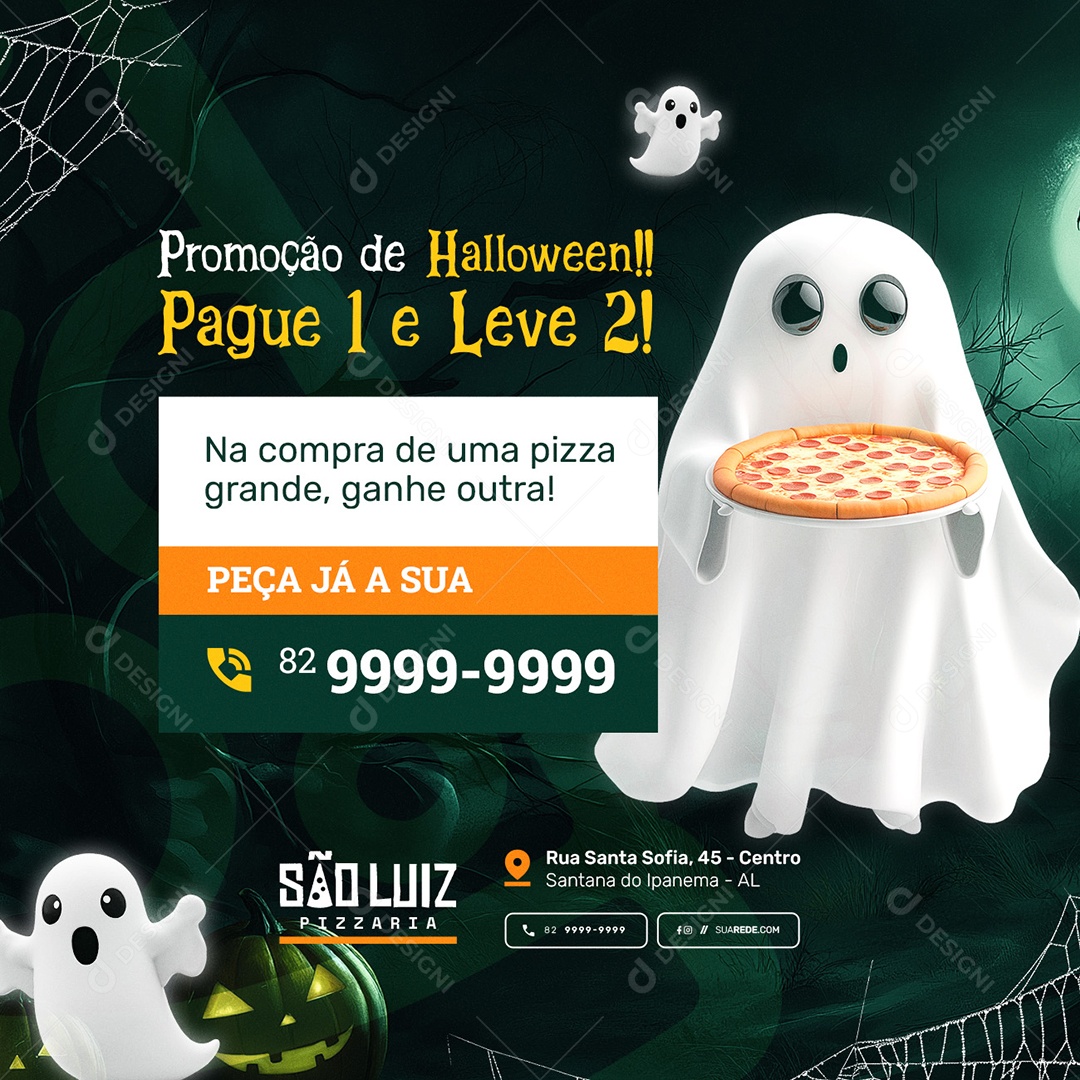 Pizzaria Halloween Pague 1 e Leve 2 Peça Já a Sua Social Media PSD Editável